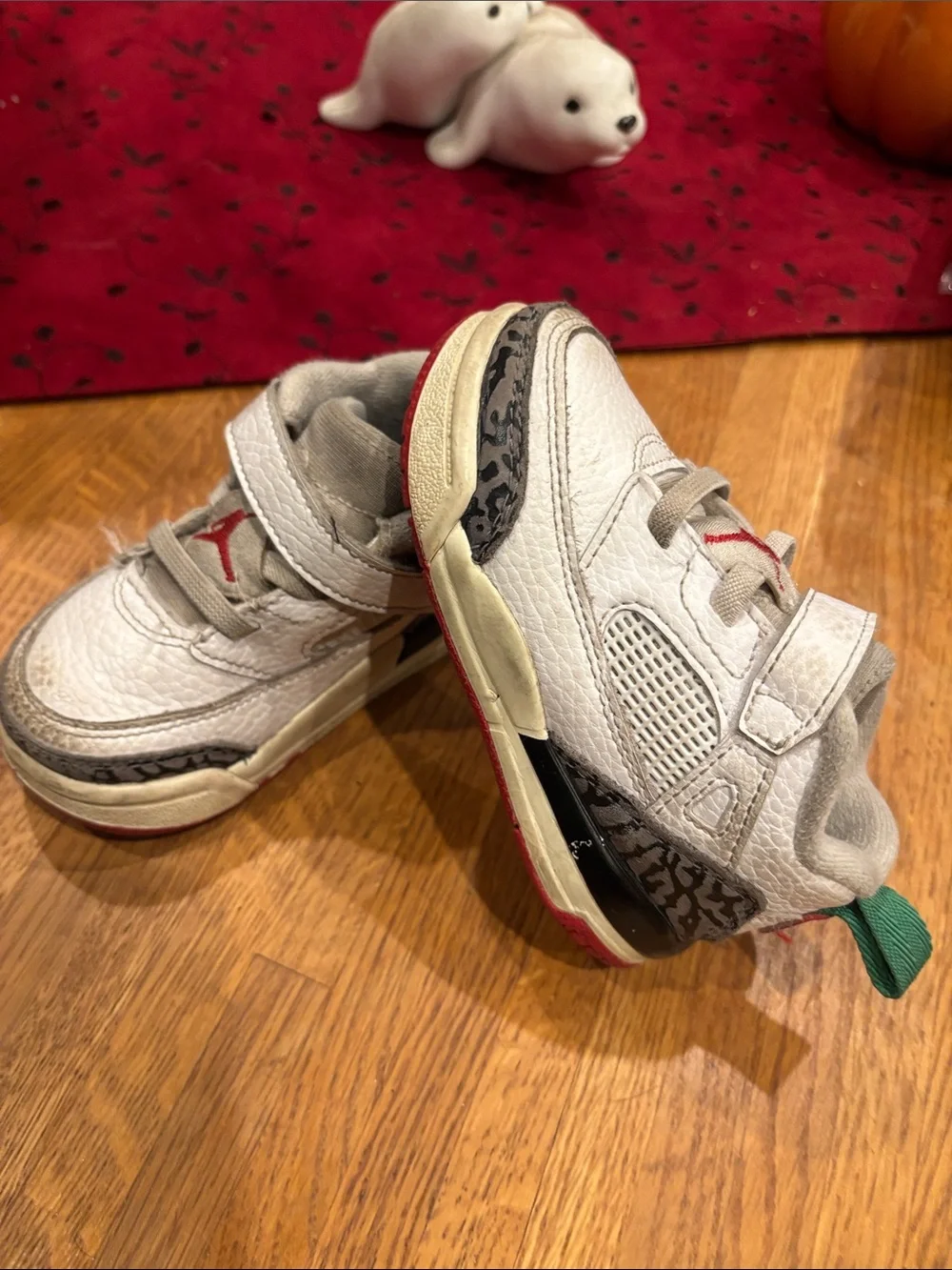 Jordan Baby White and Red High-Top Walker Shoes with Green Pull Tabs